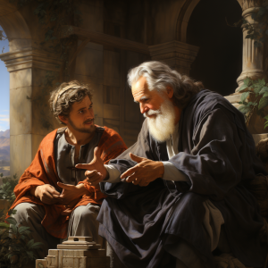 The picture shows An old Greek teacher and his student, probably discussing a difficult problem during the examination.