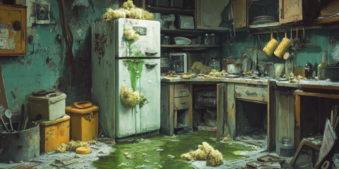 A very dirty kitchen where the fridge is leaking horrible fluids. There are rotten things everywhere.